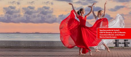 Zwei Ballerina tanzen symmetrisch vor dem Himmel